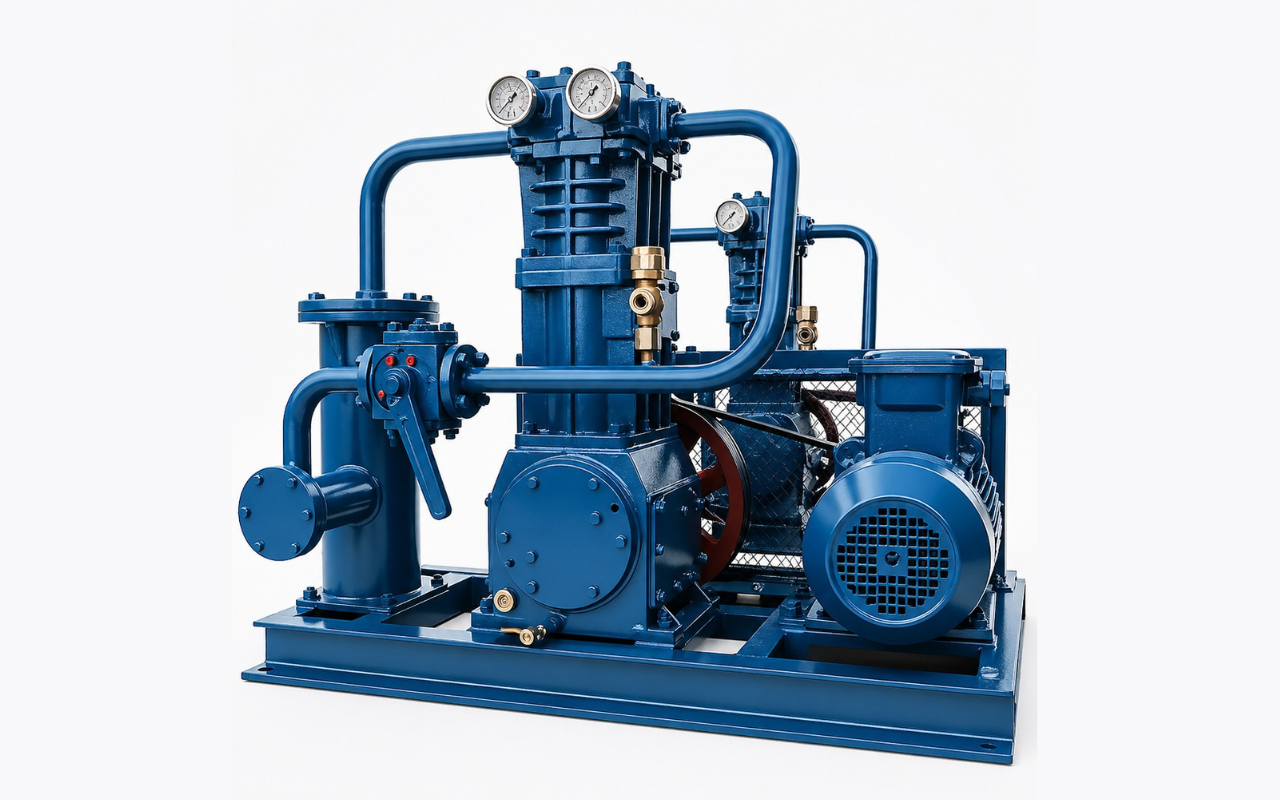 Industrial blue air compressor machine with dual pressure gauges